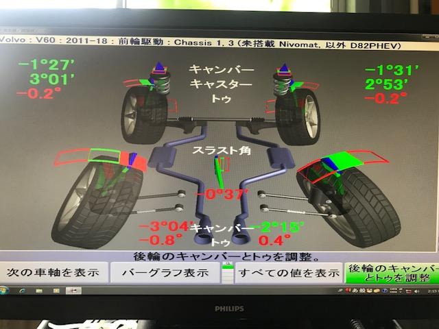 ボルボ　Ｖ６０　アライメント調整　広島市　安佐北区　三入　シグナル　四輪トータルアライメント測定　３Ｄアライメント　アライメントキャンペーン中　アライメント安い　ハンター　ホークアイ　タイヤ偏摩耗　ローダウン　車高調持込み取付け　ダウンサス