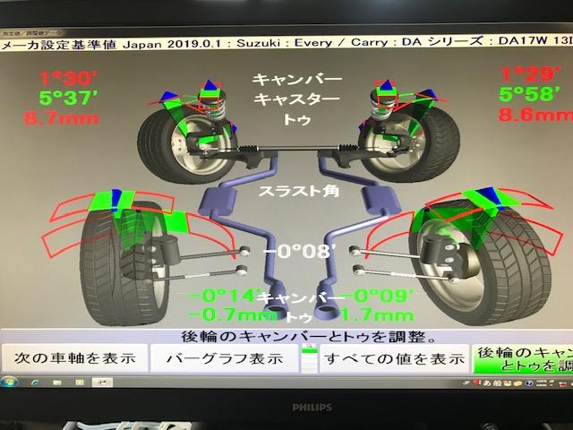 スズキ　ＤＡ１７Ｖ　エブリィバン　ブッシュ１Ｇ締め直し　四輪アライメント調整　広島市　安佐北区　三入　シグナル　アップサス　リフトアップ　３Ｄアライメント測定　アライメントキャンペーン中　アライメント安い　ハンター　ホークアイ　