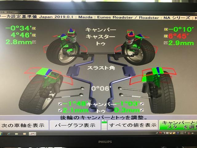 ＮＡ８Ｃ　ロードスター　車高調取付け　ブッシュ１Ｇ締め直し　４輪アライメント調整　広島市　安佐北区　三入　シグナル　アライメント安い　アライメントキャンペーン中　ＫＯＮＩ　テイン　マッパーマウントボルト曲がり　ハンター　３Ｄアライメント　