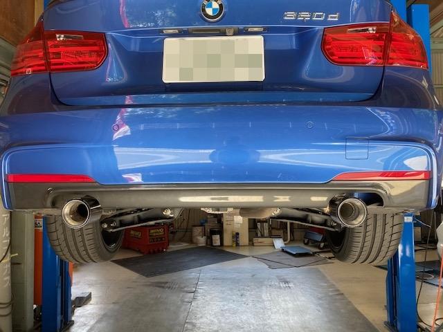 ＢＭＷ　Ｆ３０　３２０ｄ　Ｍスポーツ　マフラー加工　バンパー加工　リアディフューザー加工　２本出し　広島市　安佐北区　三入　シグナル　ワンオフマフラー　ＴＩＧ溶接　アルゴン溶接　マフラーが付かない　角度が違う　マフラーカッター