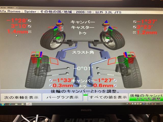 アルファロメオ　アルファスパイダー　４輪アライメント調整　【広島市　安佐北区　三入　シグナル　３Ｄアライメント測定　アライメントキャンペーン中　アライメント安い　輸入車　欧州車　アメ車　イタ車　ドリフト　サーキット　タイムアタック】