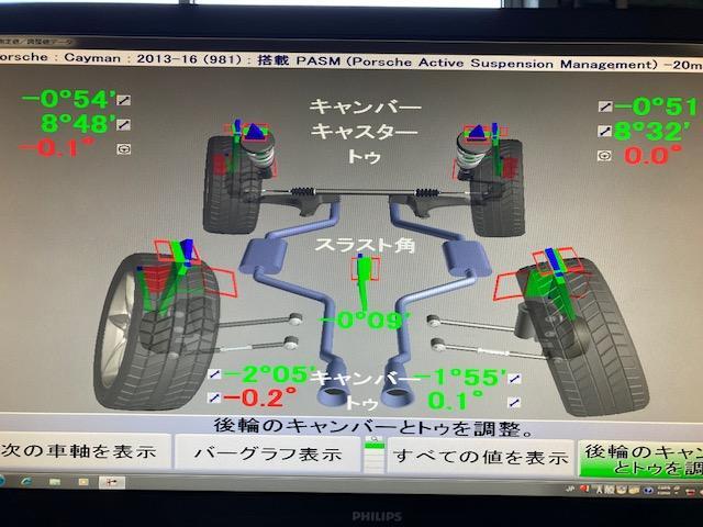 ポルシェ　９８１　ケイマンS　４輪アライメント調整　【広島市　安佐北区　三入　シグナル　３Ｄアライメント安い　９８７　７１８　９１１　輸入車整備　アメ車　山口　岡山　島根　福山　東広島　安佐南区　西区　東区　南区　佐伯区　呉　岩国　竹原】