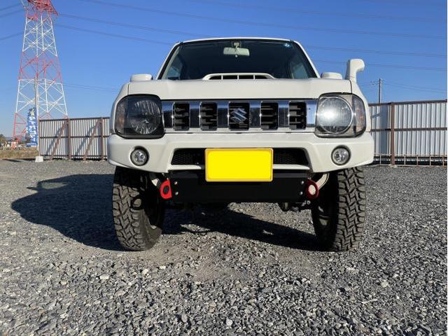 スズキ JB23 ジムニー　ショウワガレージ製フロント・リヤバンパー交換　マフラー交換　スペアタイヤ移設キット取付　ナンバープレート（ナンバー灯）移設キット取付　タニグチ製牽引フック取付