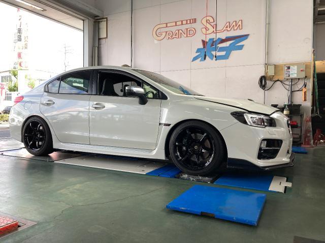 スバル　ＷＲＸ　Ｓ４　ＶＡＧ　車高調取り付け、１Ｇ締め、４輪アライメント測定、調整　グランドスラム米子　米原　米子市　鳥取県