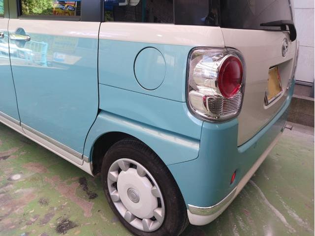 ダイハツ ムーヴキャンバス カラー XE7 パールホワイトⅢ × ファインミントメタリック 2トーン 左クォーター修理 作業期間 4日 熊本市中央区 東区 西区 北区 植木町 南区 菊陽町 合志市 大津町 他地域のお客様も大歓迎です!!