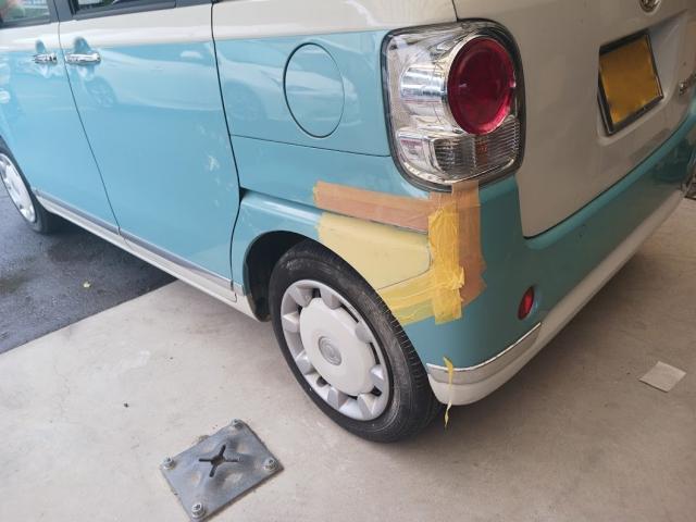 ダイハツ ムーヴキャンバス カラー XE7 パールホワイトⅢ × ファインミントメタリック 2トーン 左クォーター修理 作業期間 4日 熊本市中央区 東区 西区 北区 植木町 南区 菊陽町 合志市 大津町 他地域のお客様も大歓迎です!!