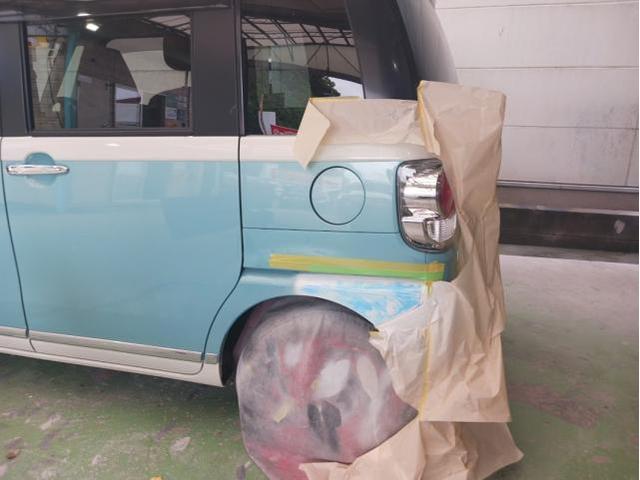 ダイハツ ムーヴキャンバス カラー XE7 パールホワイトⅢ × ファインミントメタリック 2トーン 左クォーター修理 作業期間 4日 熊本市中央区 東区 西区 北区 植木町 南区 菊陽町 合志市 大津町 他地域のお客様も大歓迎です!!