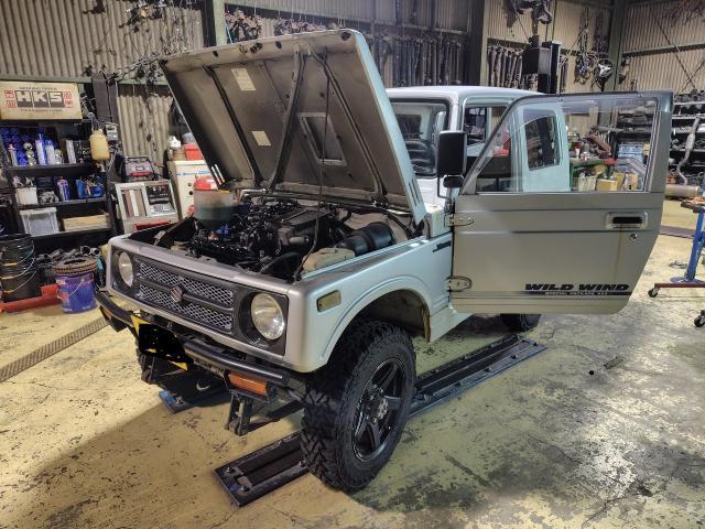 スズキ　ジムニー　車検やメンテナンス・ラジエター、オイル類全部等々日常点検色々いっぱい作業石川県より御来店
　名古屋市西区