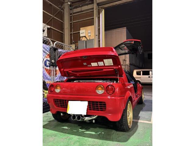 マツダ　オートザムＡＺ－１　カスタム　マフラー交換　マフラー取付　冷却系修理　サーモスタット交換　ファンスイッチ交換　水温センサ交換　冷却水リザーブタンク交換　