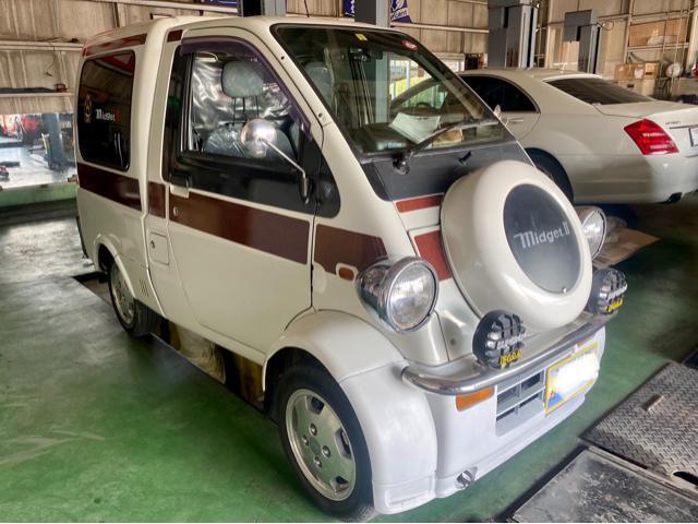 DAIHATSU Midget II ダイハツ ミゼットII リア・マフラー脱着交換作業。ダイハツ 車検 整備 修理。茨城県結城市のO様 ご依頼ありがとうござます。      栃木県 小山市 カワマタ商会グループ(株)Kレボリューション