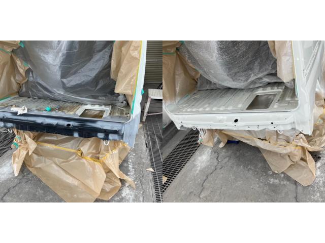 【日産　クリッパーバン】【リアバンパー，リアゲートのヘコミ，キズ修理　部品交換＆鈑金塗装】