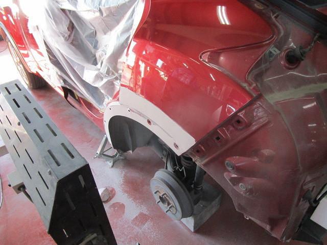 ジューク側面修理事例　クオーター凹み・リアドア交換　佐賀県・小城市・協和自動車