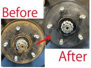 ホイールとハブの接着面に錆が発生しております。当店ではしっかりと錆を落とし防錆加工いたします。