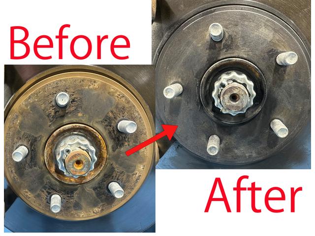 ホイールとハブの接着面に錆が発生しております。当店ではしっかりと錆を落とし防錆加工いたします。