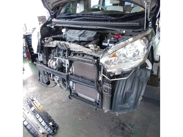 日産　デイズ　車検　異音　コアサポート交換　フロントバンパー固定　ファンベルト交換　ブレーキオーバーホール　ブレーキパット交換　タイロッドエンドブーツ交換　小松市　加賀市　能美市　土曜日営業