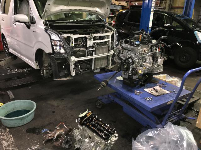 ワゴンRスティングレー　　エンジンブロー
リビルトエンジン載せ換え　長野県千曲市　長野市　上田市