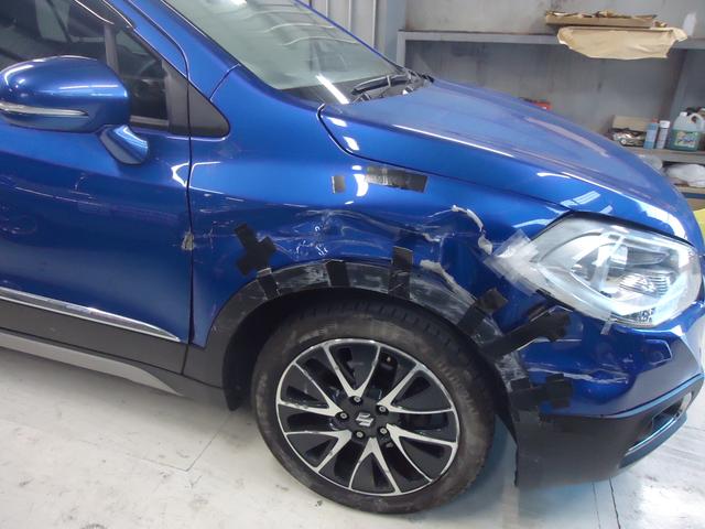 右フロント廻り修理　SX-4　DBA-YB22S　H28年式　ご新規様　初来店　大阪市　車検　修理　鈑金　塗装　事故修理　パーツ持込取付　西成区　阿倍野区　住吉区　住之江区　