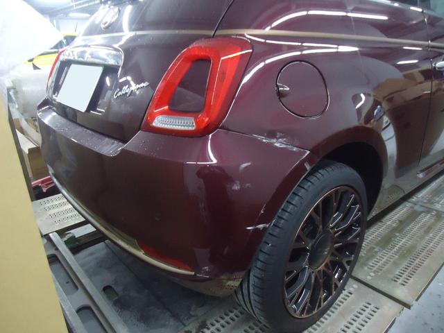 右リヤ廻り修理　フィアット５００　ABA-31212　R1年式　ご新規様　初来店　大阪市　車検　修理　鈑金　塗装　事故修理　パーツ持込取付　西成区　阿倍野区　住吉区　住之江区　