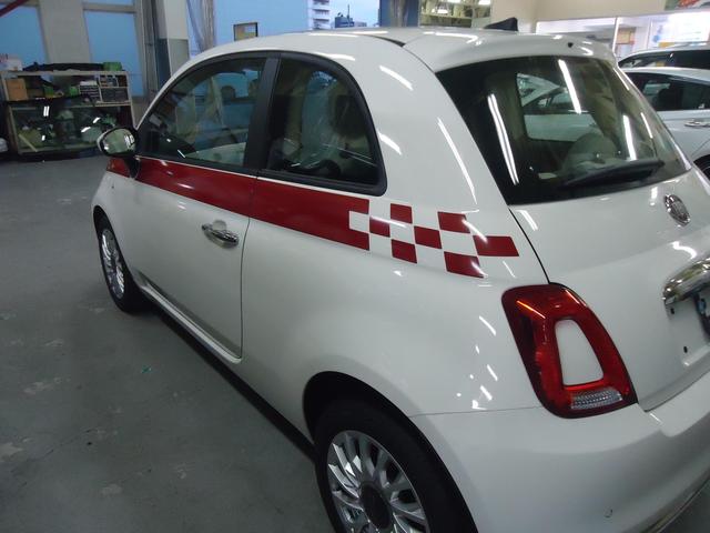 サイドストライプ取付　フィアット５００　R2年式　ご新規様　初来店　大阪市　車検　修理　鈑金　塗装　事故修理　パーツ持込取付　西成区　阿倍野区　住吉区　住之江区　