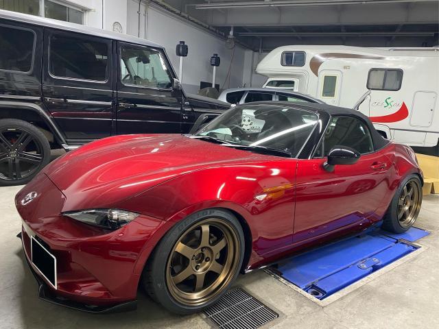 車高調取り付け　マツダ　ロードスター　ＮＤ５ＲＣ　Ｈ３０年式　ご新規様　初来店　大阪市　車検　修理　鈑金　塗装　事故修理　パーツ持込取付　西成区　阿倍野区　住吉区　住之江区　