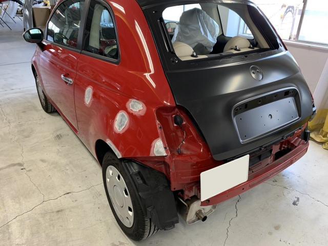 左リヤ廻り修理　フィアット５００　３ＢＡ－３１２１２　Ｒ３年式　ご新規様　初来店　大阪市　車検　修理　鈑金　塗装　事故修理　パーツ持込取付　西成区　阿倍野区　住吉区　住之江区　