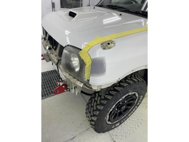 左フロント廻り修理　ジムニー　ＡＢＡ－ＪＢ２３Ｗ　Ｈ２０年式　ご新規様　初来店　大阪市　車検　修理　鈑金　塗装　事故修理　パーツ持込取付　西成区　阿倍野区　住吉区　住之江区　